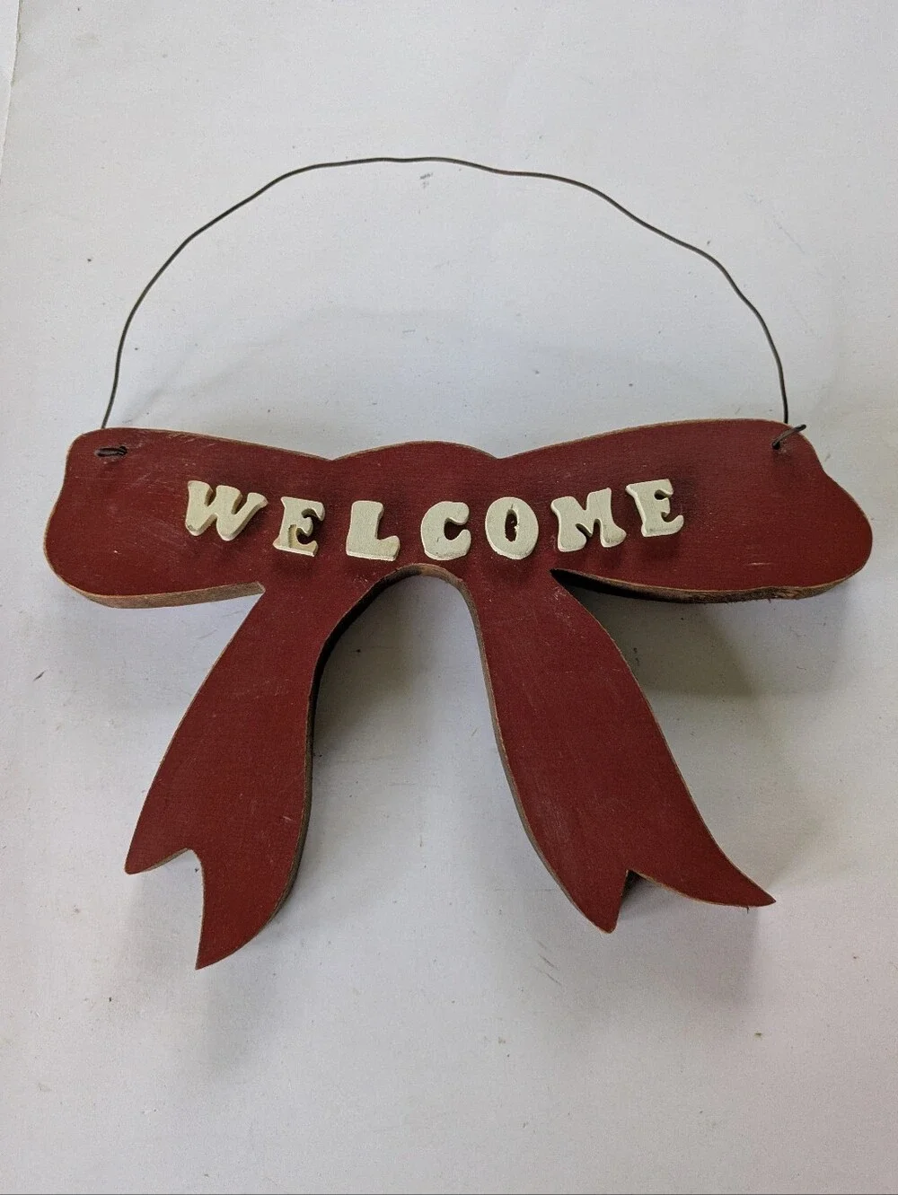 Welcome Sign Handmade Vintage 1992 Wire Hanger Red Wooden Bow